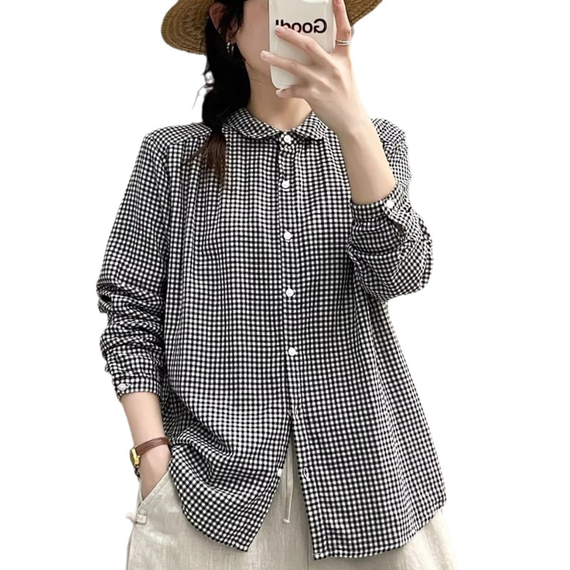 60111初秋新品复古小翻领双层棉纱长袖女式衬衫 格子文艺打底衬衣|undefined