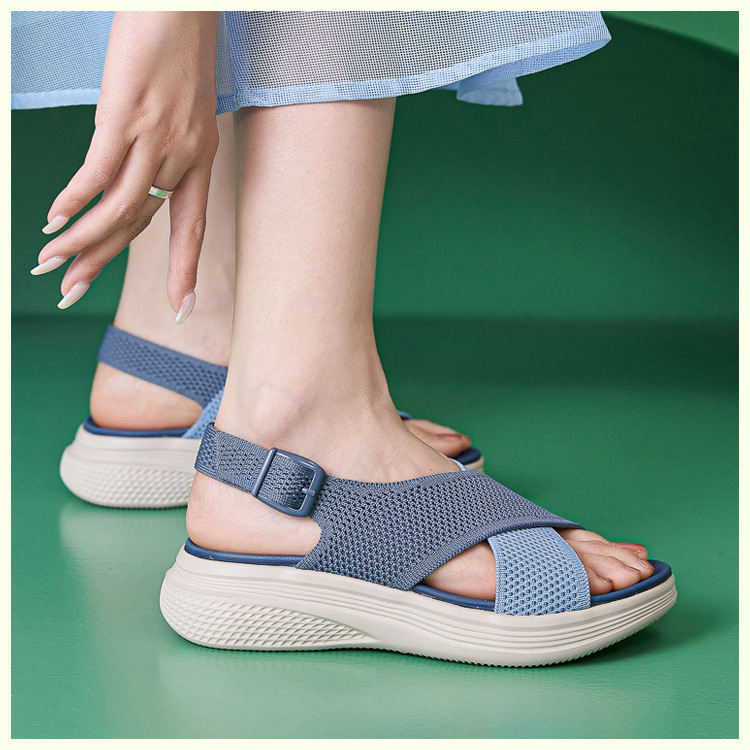 Sandal nữ quai chéo dệt kim phối dây rút, đế MD nhẹ êm — màu be, màu đen, xanh lam, màu hồng chi tiết 7