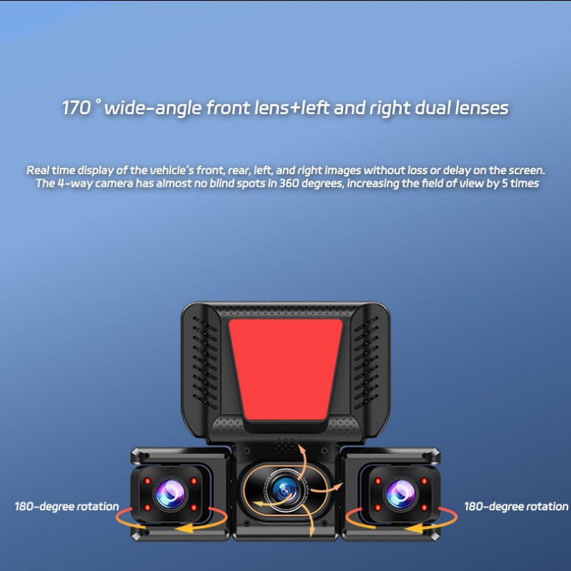 360-degree four-lens dashcam with WiFi mobile phone connectivity, infrared night vision, and loop recording