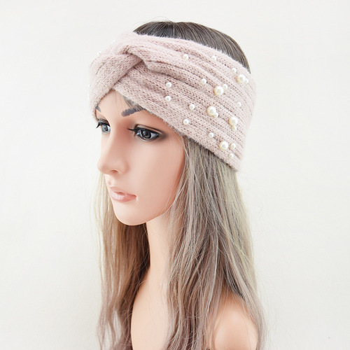 European and American Intersecting Pearl Headband Knitted Warm Wool Headband Autumn and Winter Hair Tie Double Knit Hair Accessory