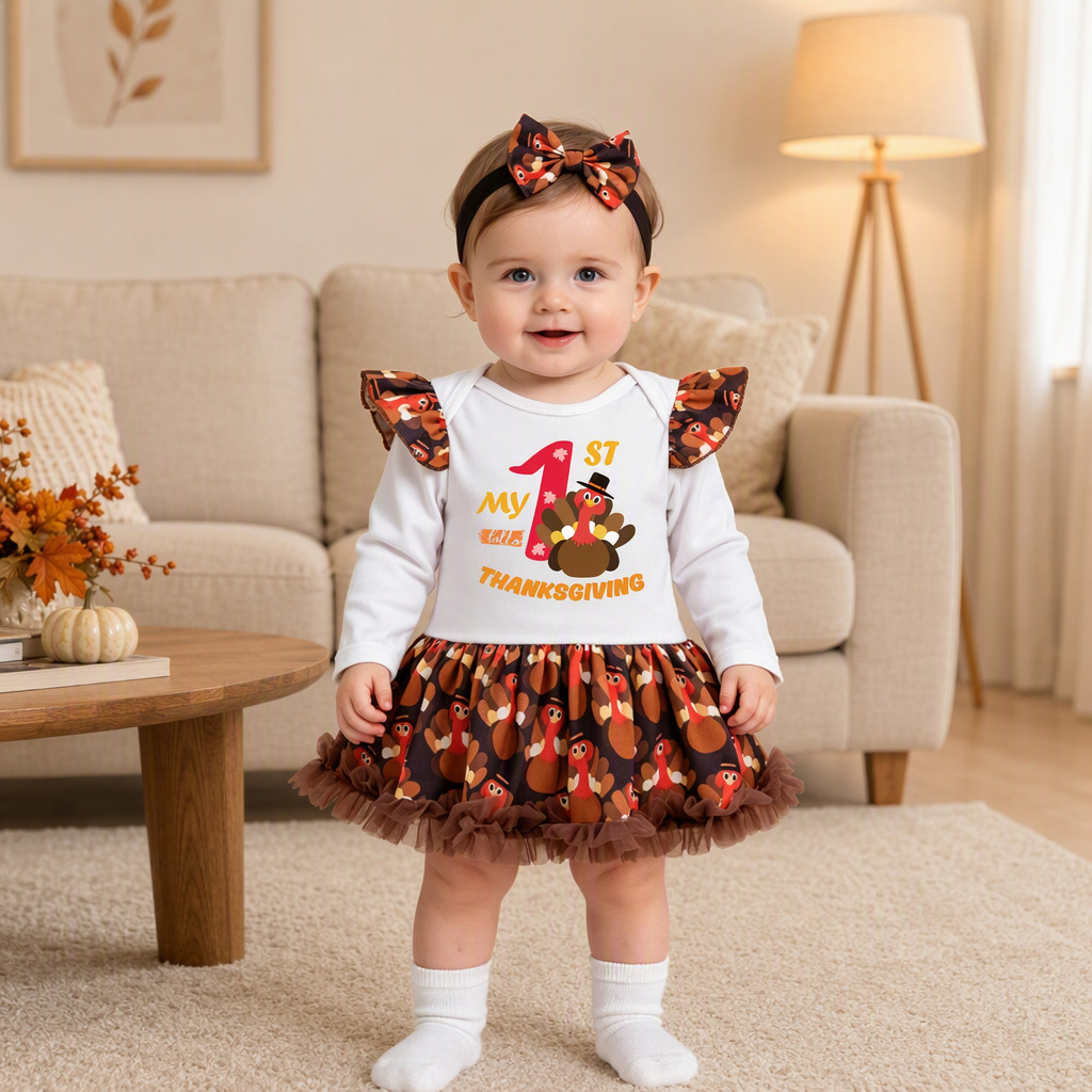 Cross-Border Children's Clothing Thanksgiving Baby Outfit Cartoon Turkey Long-Sleeve Romper Dress Hair Accessory Set Thanksgiving