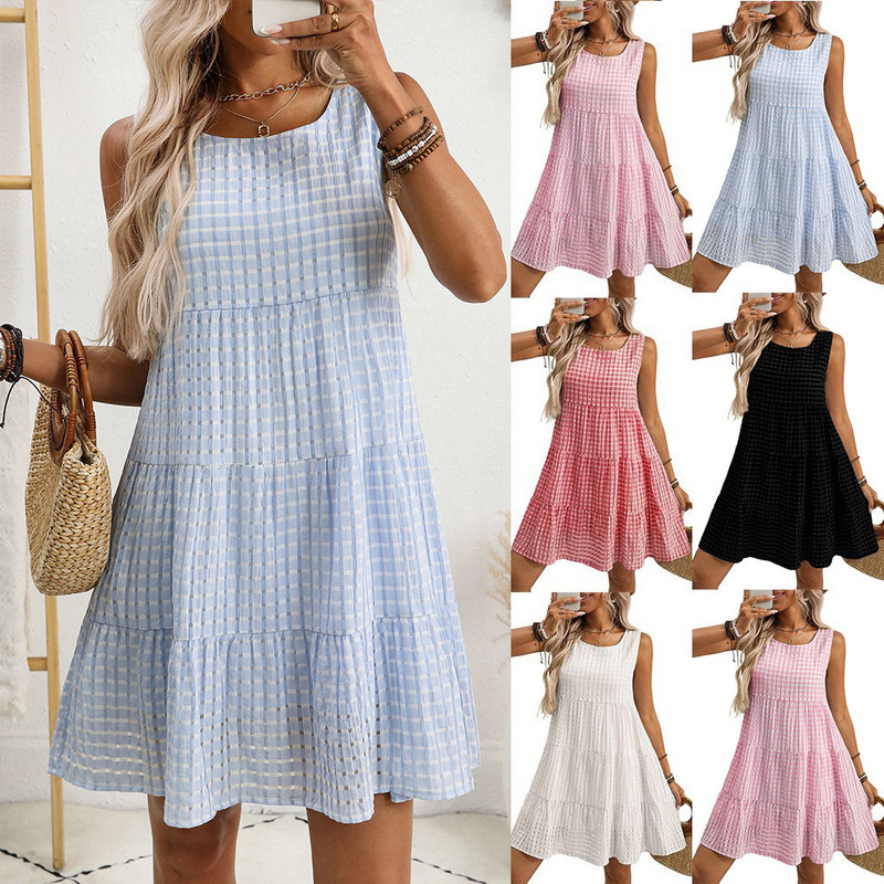 2025 Amazon Summer New Cross-Border European and American Clothing Loose Casual Elegant Sleeveless Plaid Dress