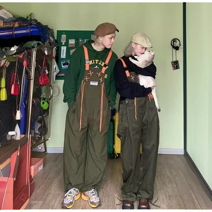 National fashion overalls men's American high street Japanese style design niche couple ankle-tied one-piece suspender pants loose