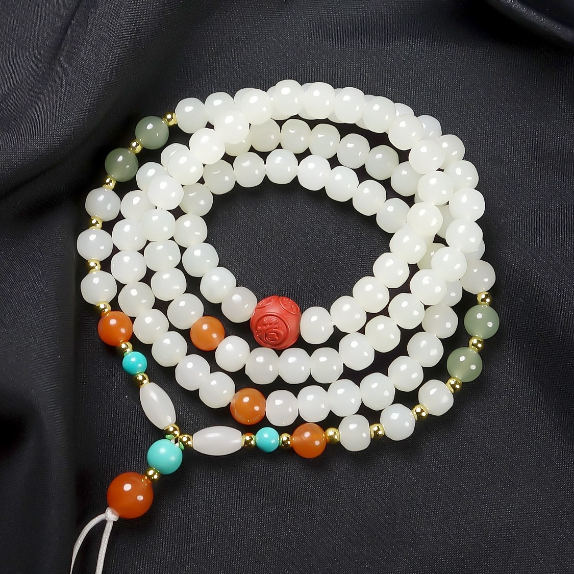 天然新疆和田玉珠链挂绳批发白玉圆珠挂链原创南红朱砂珍珠绿松珠