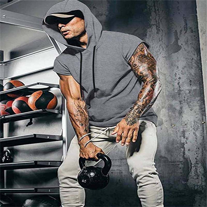 Men's Clothing outdoor sports men's hooded sleeveless fashion hip hop youth muscle fitness vest solid color jacket_voghion.com
