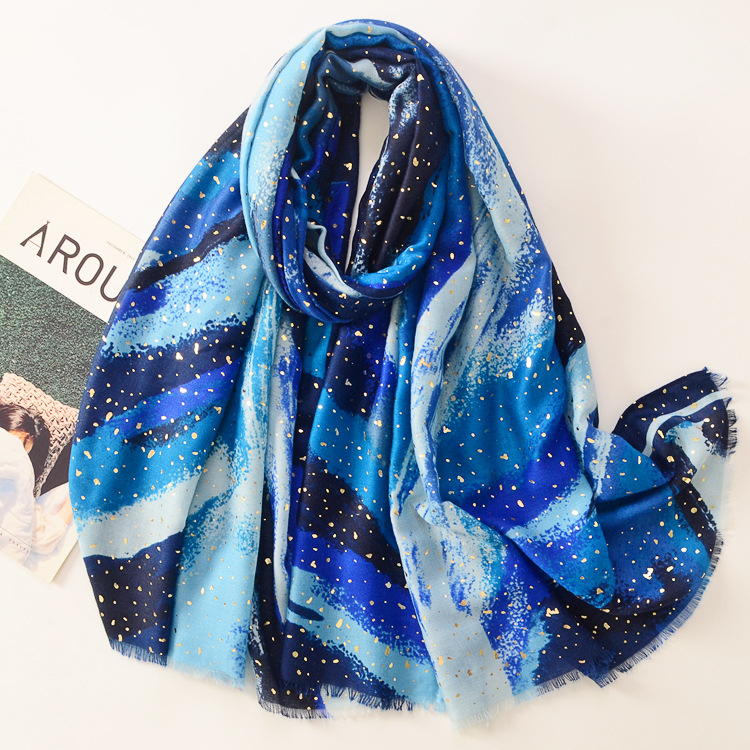 Otoño e Invierno nuevo cálido mantón decorativo pintura cielo estrellado bronceado impresión suave satén algodón bufanda de algodón y lino chal bufanda
