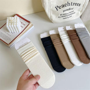 New solid color thin drawstring women's pile socks cotton simple mid-calf straight INS college style girl's cotton socks