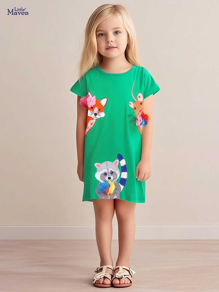 Fábrica fuente vestido de niña al por mayor de verano dibujos animados mangas cortas falda de niños bordado vestido de niños europeos y estadounidenses