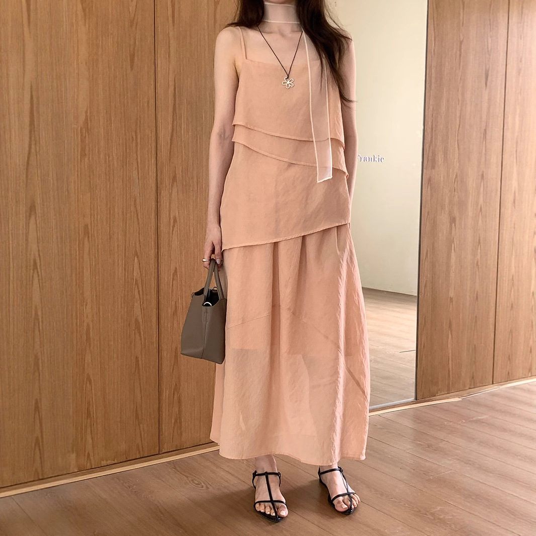 Weisong Women's Design Asymmetrical Tencel Suspender Top Women's Summer + High-Waisted A-Line Skirt One Piece Drop Shipping