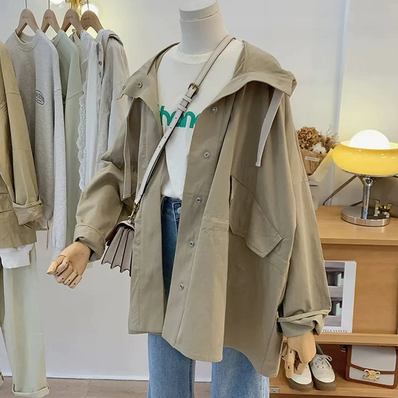 Большой размер толстая мм ветровка куртка женская весна и осень 2025 новый британский стиль дизайн с капюшоном свободная средняя длинная пальто