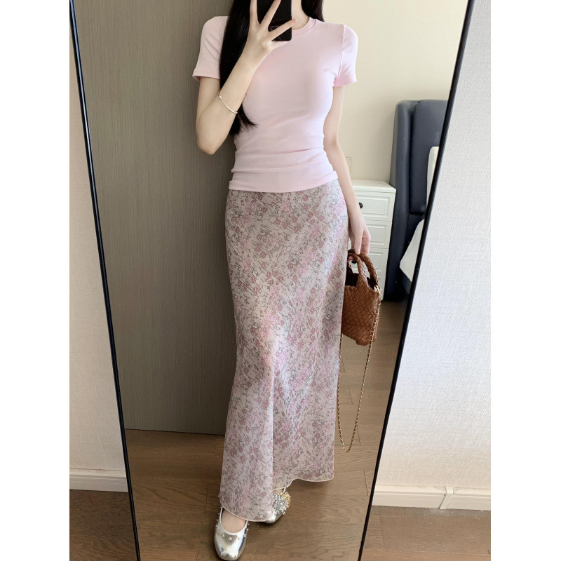 Complete Set of Tags, Tmall Quality, Five-Line Hemming, Pink Floral Print High-Waisted Mid-Length Fishtail Skirt for Women