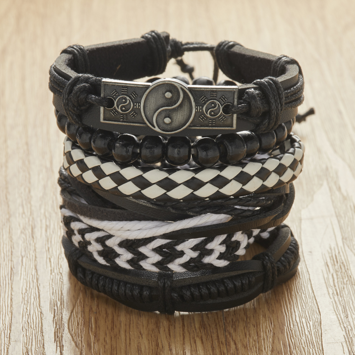 Fashion Cross Heart Shape Pu Leather Knitting Menu0027S Bracelets 1 Set