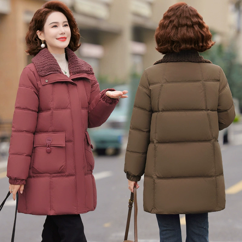 Мама пуховая хлопчатобумажная одежда зимняя средняя длинная 2024 новая хлопковая куртка с лацканом
