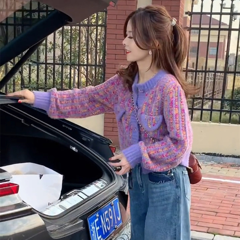 Tweed Style Cardigan Sweater for Women, Spring & Fall New Style 2024, Fashionable Short Purple Heart Knitted Jacket, Long-Sleeved Thick Style