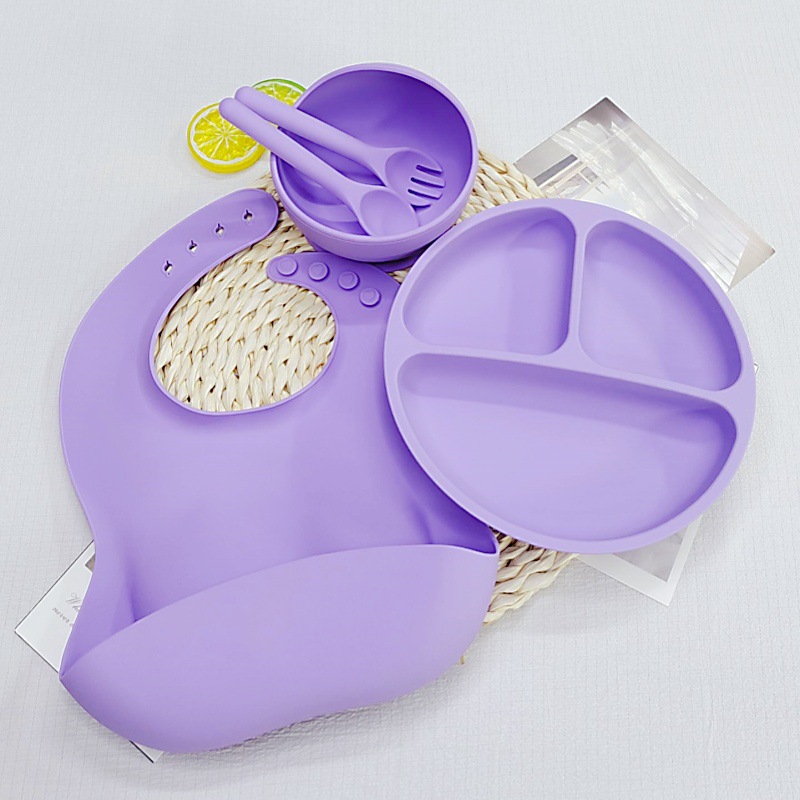 Children's Silicone Tableware suit Baby Food Tableware Bib Dinner Plate Suction Plate Bowl Fork Spoon 5 Piece Set Wholesale Factory