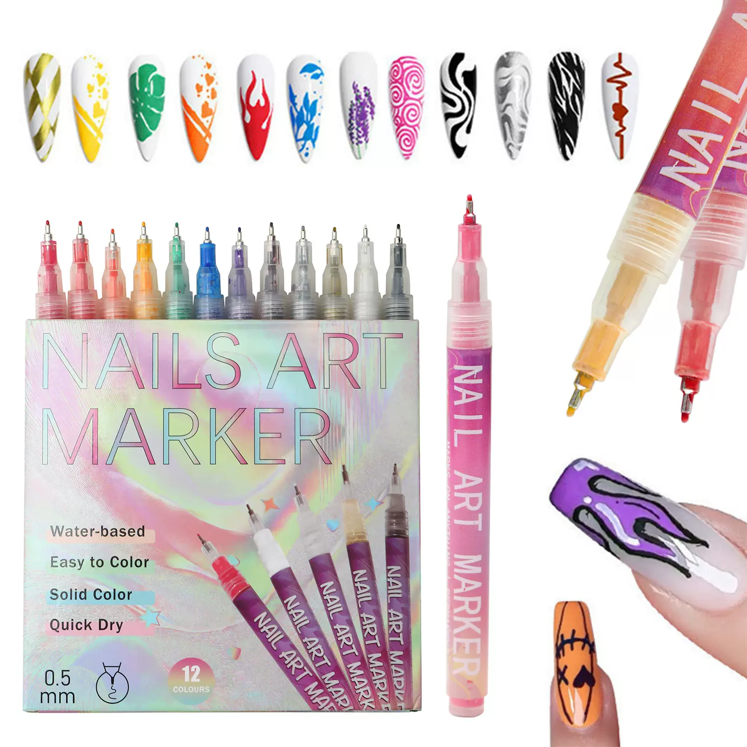 跨境12色美甲涂鸦彩绘笔0.5毫米超细描绘笔彩色高光勾边线美甲笔