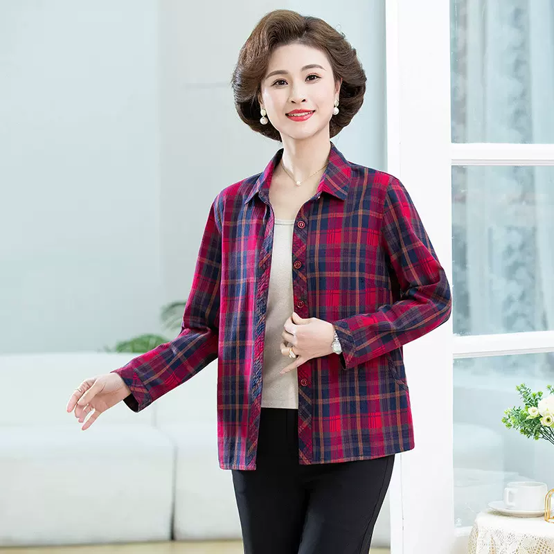 全棉中老年女装格子长袖2024春季新款