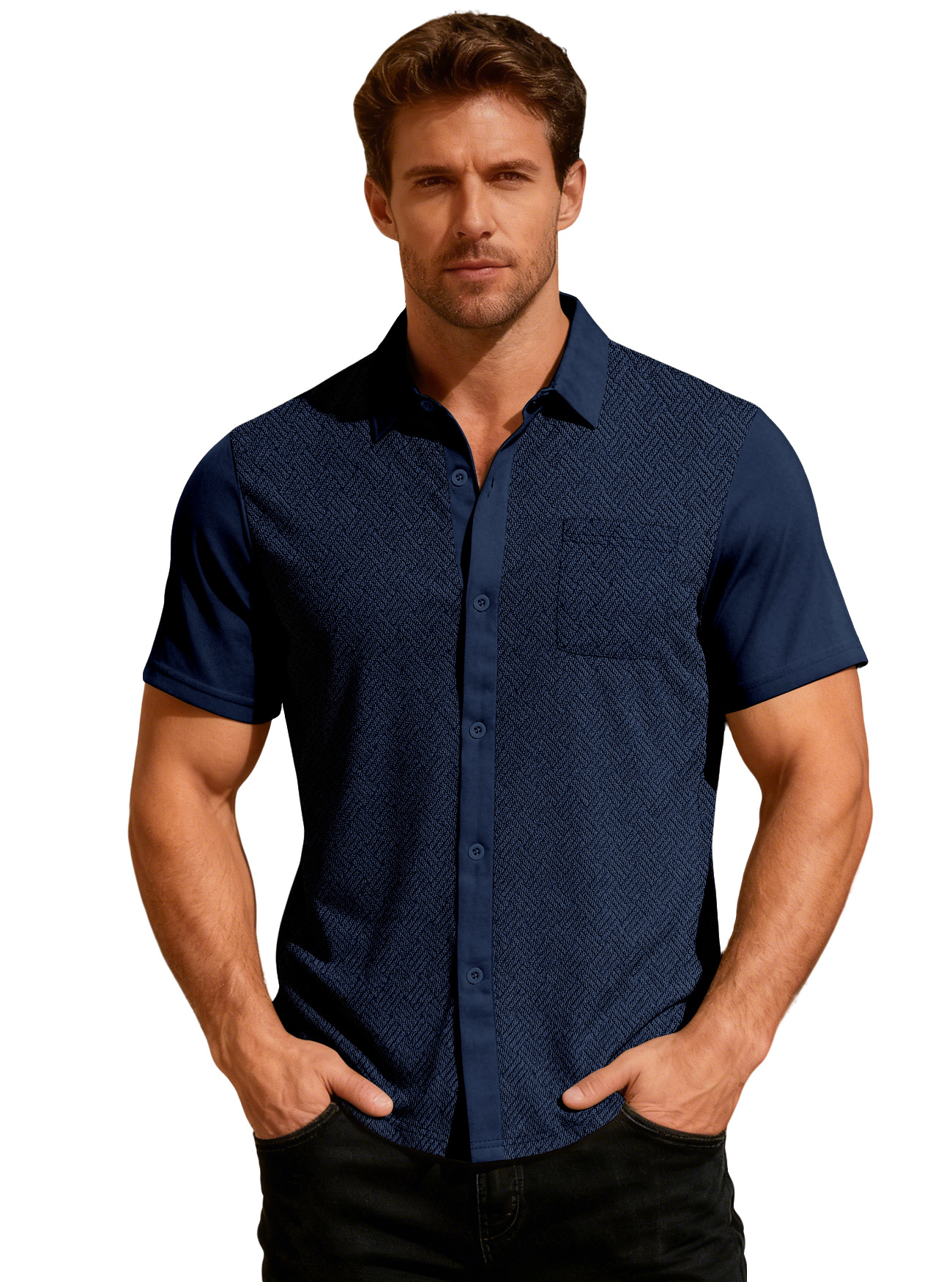 Europa y Estados Unidos ropa de hombre transfronteriza TK paleta de verano suelta con solapa transpirable Cardigan toalla jacquard camisa de hombre de manga corta
