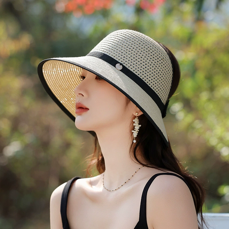 2025 new large brim foldable empty roof fashionable straw hat versatile for women in spring and summer travel on the beach sun protection