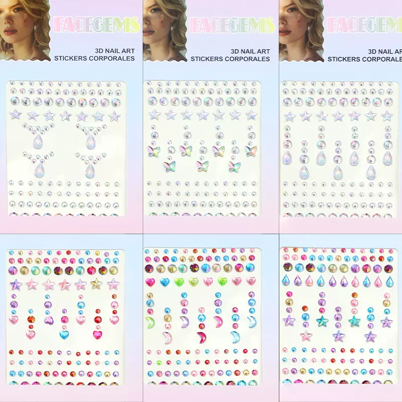跨境新款眼下泪钻五角星钻石贴七彩水滴蝴蝶炫彩爱心月亮美甲饰品