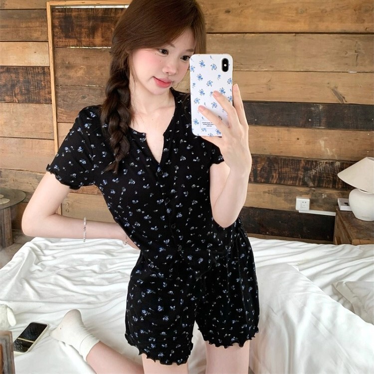Summer New Style Ice Silk Ribbed Large Size Loose Korean Sweet Floral Cardigan Pajama Set for Women