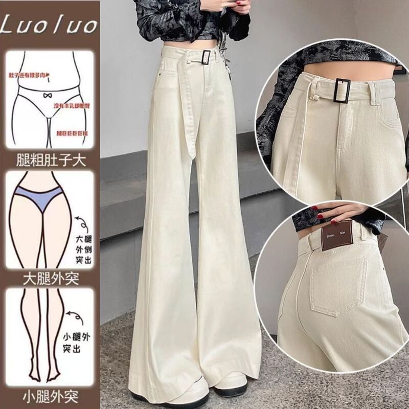 creamy-white Long Pants Micro-lar Jeans Women's plus size chubby girl Loose No-leg Pear-shaped Wide-leg Horn Pants