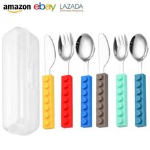 硅胶儿童餐具宝宝吃饭卡通积木亚马逊跨境不锈钢刀叉勺子三件套装