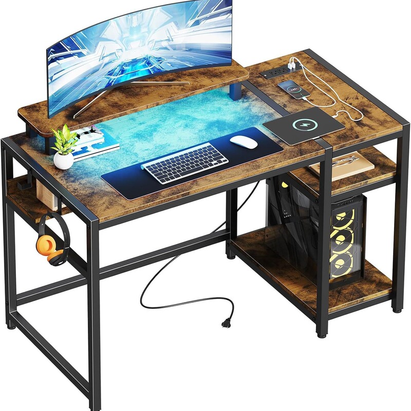 Computer Desk with Led Lights, Home Office Desk with USB Power Socket, Monitor Stand, Gaming Desk, Retro Brown