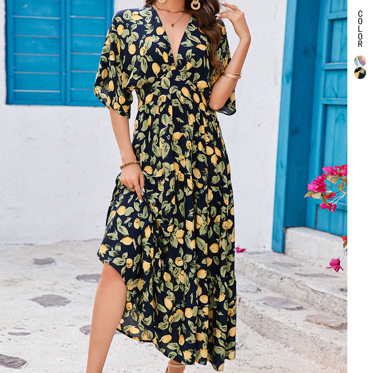 유럽과 미국의 독립 스테이션 대외 무역 2025 딥 브이넥 패셔너블하고 우아한 휴가 해변 드레스 루즈한 대형 스윙 드레스의 실제 사진