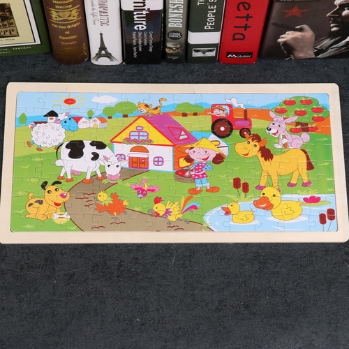 New children's animal cartoon plane puzzle log frame 96 pieces wooden puzzle early education wooden toys wholesale