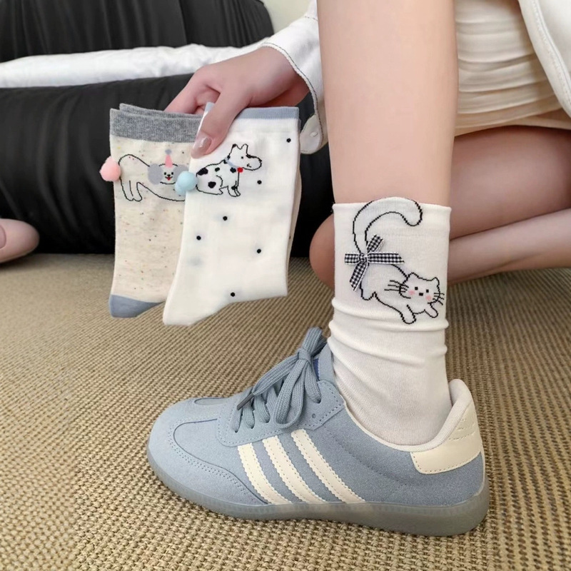 Summer Cute Girl Long Tail Cat Bow Mid-length Socks All-match Cotton Breathable Socks Heel Ball Pile Socks