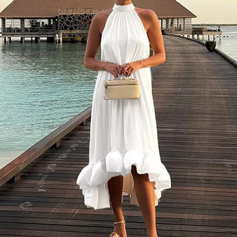 2025 Amazon transfronterizo nueva ropa de mujer europea y americana temperamento elegante y de moda vestido de cuello halter plisado de color sólido sin mangas