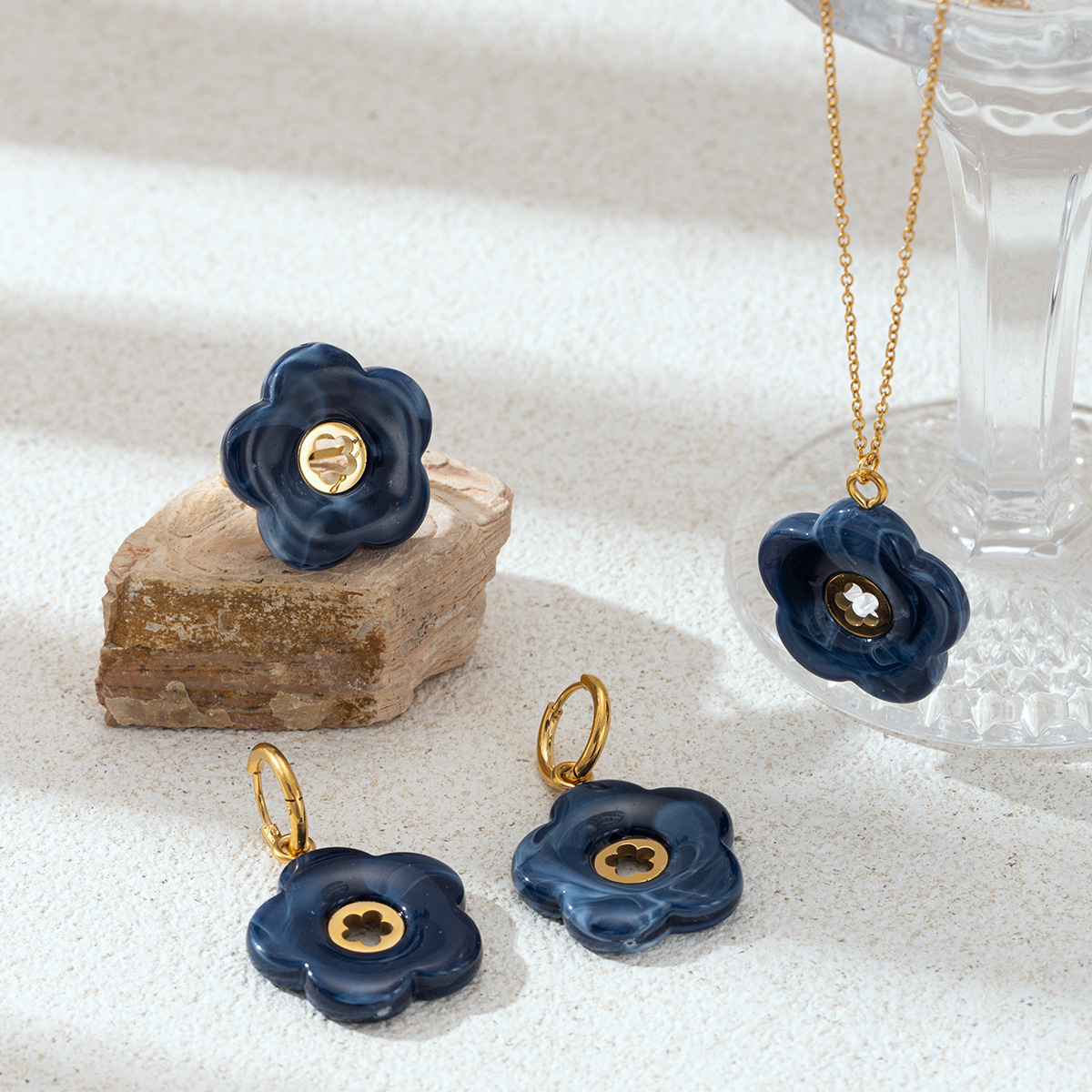 Tina acero inoxidable azul oscuro acrílico collar auriculares anillo conjunto de mujeres no se desvanecen joyas