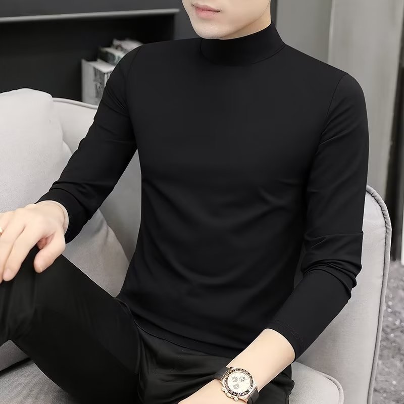 秋冬半高领长袖T恤男士纯色秋装上衣春秋打底衫内搭中领秋衣|undefined