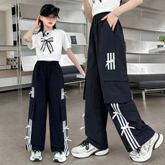 女童拉條工裝褲套裝2024新款短袖兒童寬鬆闊腿褲夏季時髦褲子夏裝