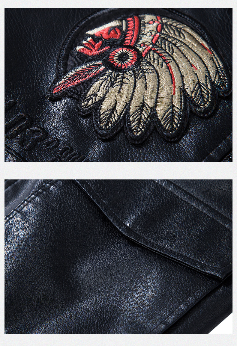 Men's Leather Jacket With Stand Collar Embroidered Motorcycle Style_voghion.com