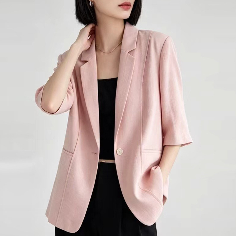 Italian HM Tencel Linen Lapel One-Button Korean Versatile Short-Sleeve Padded Shoulder Blazer with Minor Defects Italian HM Tencel Linen Lapel One-Button Korean Versatile Short-Sleeve Padded Shoulder Blazer with Minor Defects