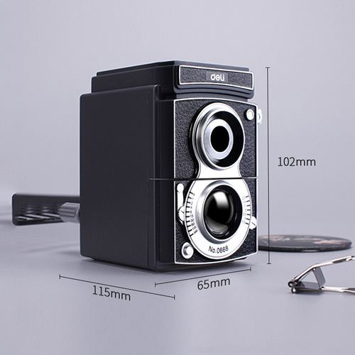 Deli Stationery 0668 Retro Camera Style Pencil Sharpener Thickness Adjustable Pencil Sharpener Hand-cranked Pencil Sharpener