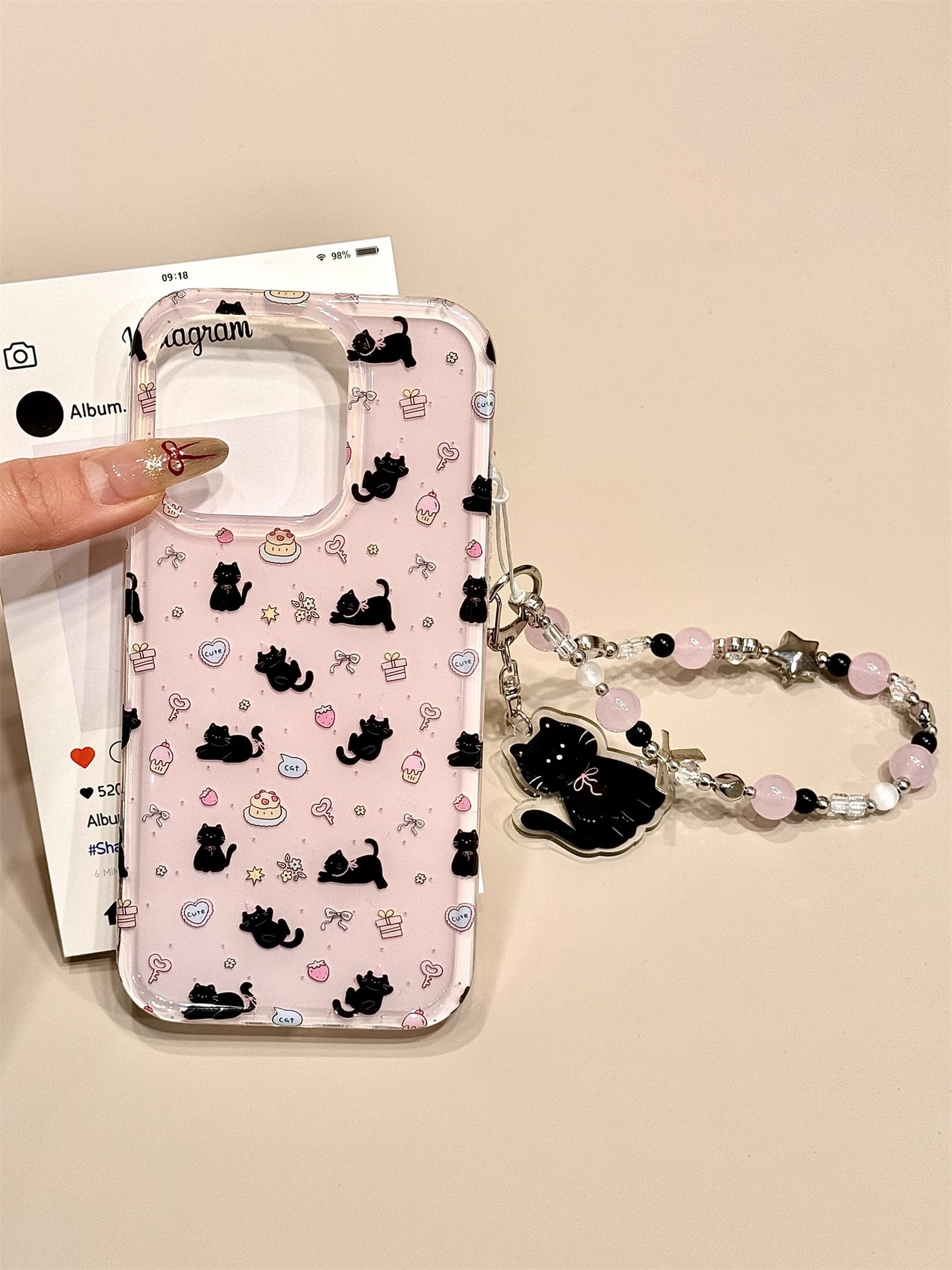 Lindo gato de fresa para iPhone 15Pro funda para teléfono móvil 16ProMsx soporte 13 Apple 14 cadena