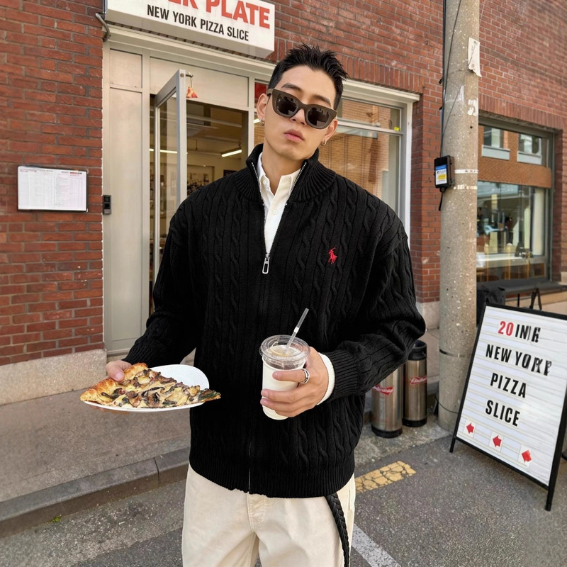 Cross-Border Rl Pony Battle Horse Embroidery Knitted Zipper Cardigan Small Label Stand Collar Polo Twist Sweater Lazy Trend Cross-Border Rl Pony Battle Horse Embroidery Knitted Zipper Cardigan Small Label Stand Collar Polo Twist Sweater Lazy Trend