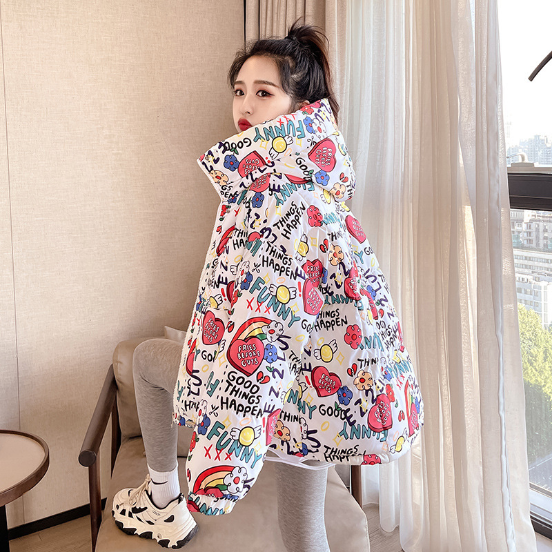 Women's Cotton Jacket 2025 Printed Short Cotton Coat Loose Puffer Jacket Thickened Petite Coat Versatile Fresh and Sweet Style