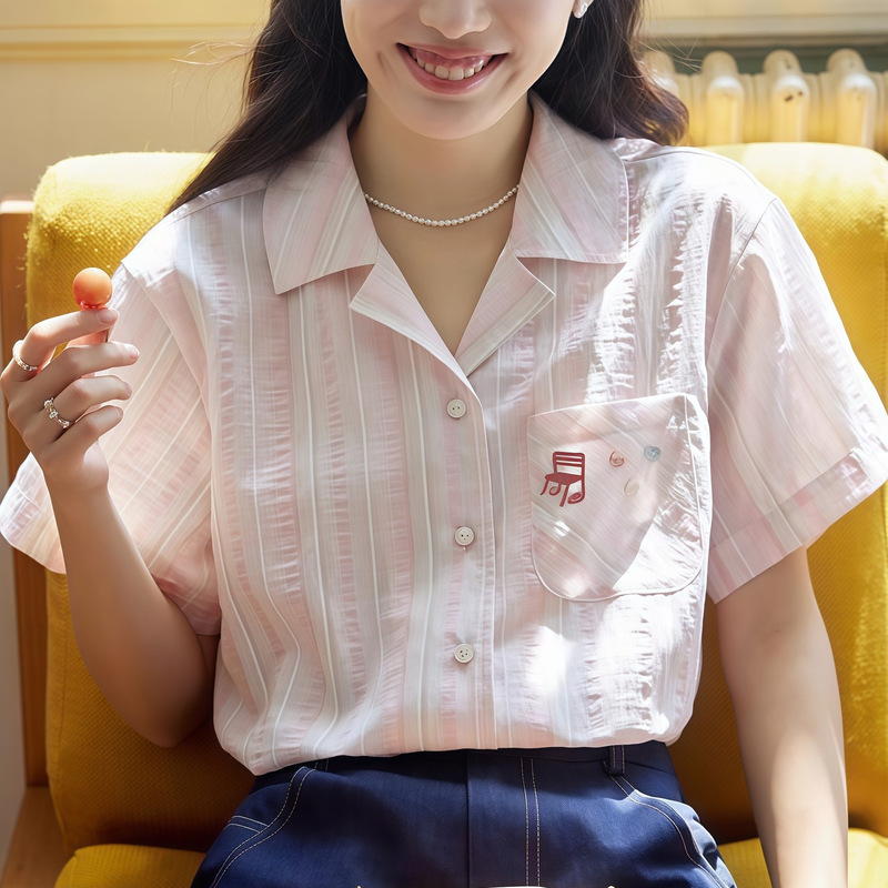 Nov Elis French-Style Cuban Collar Embroidered Short-Sleeve Striped Shirt for Women, New Summer Thin Top