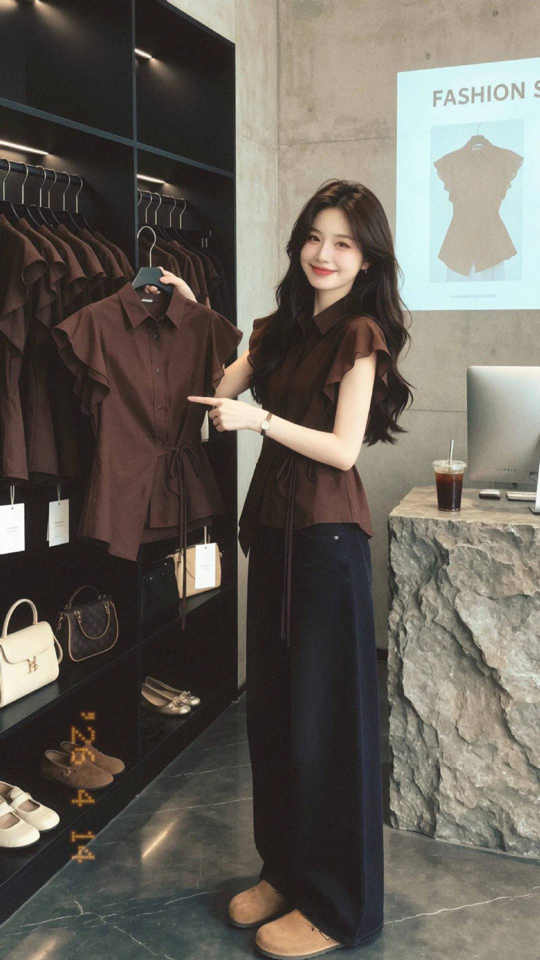 Áo sơ mi ngắn tay nữ màu cà phê, thiết kế thắt lưng eo, phong cách thời thượng — Màu ảnh chi tiết 1