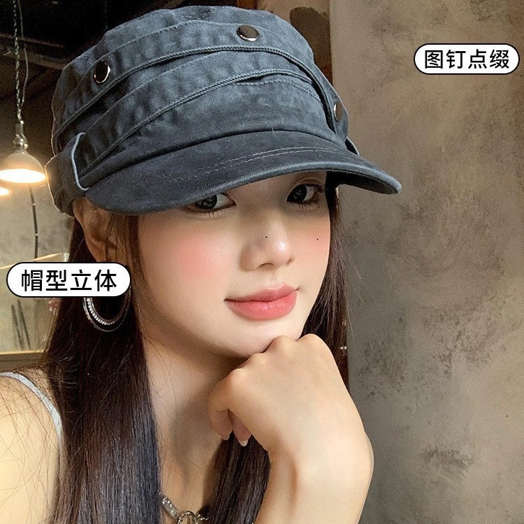 美式复古做旧铆钉平顶鸭舌帽女高级感气质休闲百搭显脸小马术帽子|undefined