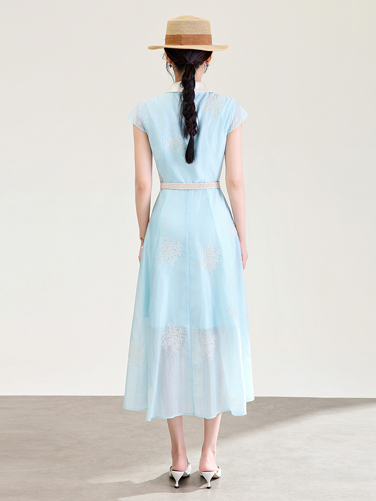 Đầm maxi nữ thắt eo tay phồng nhẹ dáng suông — xanh lam