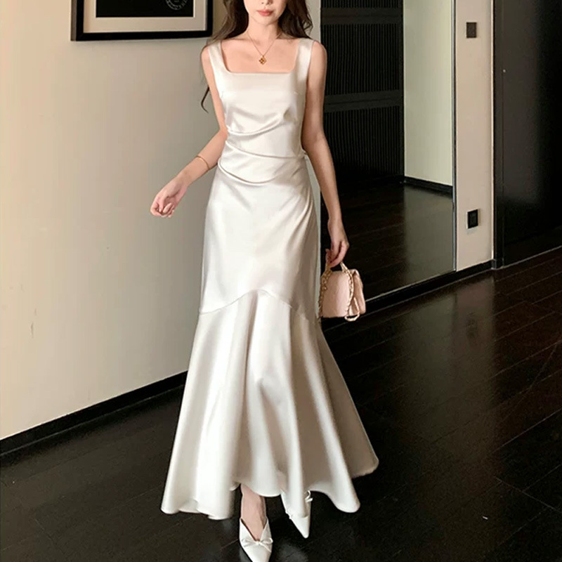 Socialite's White Satin Suspender Dress for Women, Summer Long Fishtail Dress for Engagement Party and Banquet