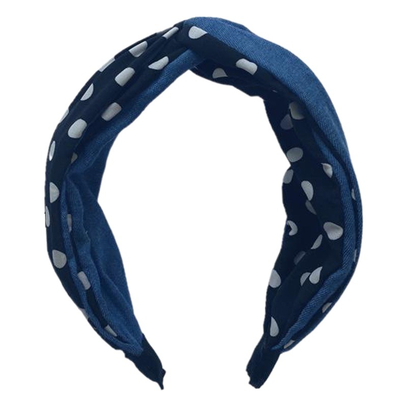 Corea nueva calidad tienda al por mayor accesorios para el cabello simple Polka Dot Denim tela contraste color costura Cruz gancho de borde ancho diadema