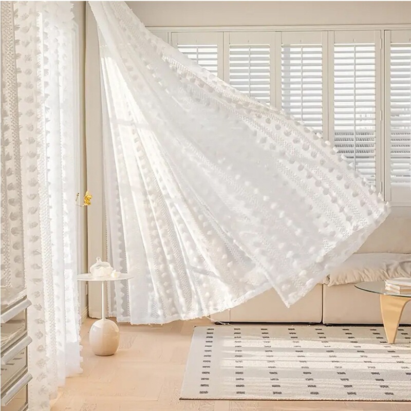 American jacquard three-dimensional fur ball transparent curtain living room bedroom dining room cross-border window screen transparent curtain factory in stock