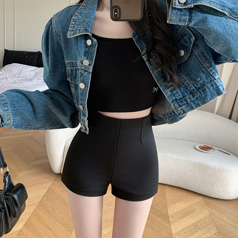 Y Black Sexy Suit Shorts for Women, Suitable for All Seasons, with Back Zipper Design, High Waist, Slimming, Hot Girl Style, Stretchy Hot Pants