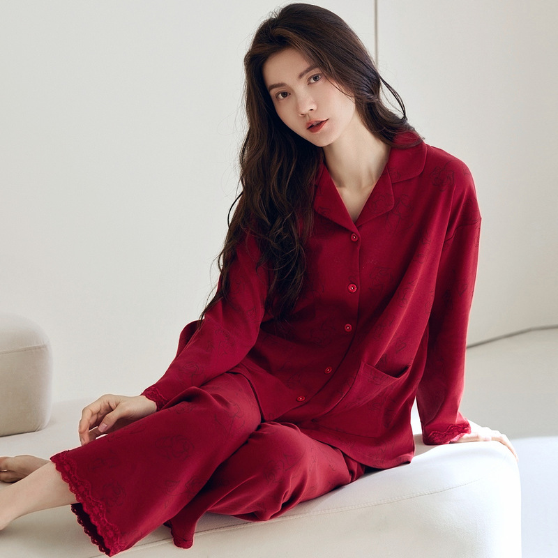 100% Pure Cotton Pajamas Women's Spring and Autumn New Red Festive Lace High-end Lapel Long-sleeved Home Clothes suit Women 100% Pure Cotton Pajamas Women's Spring and Autumn New Red Festive Lace High-end Lapel Long-sleeved Home Clothes suit Women